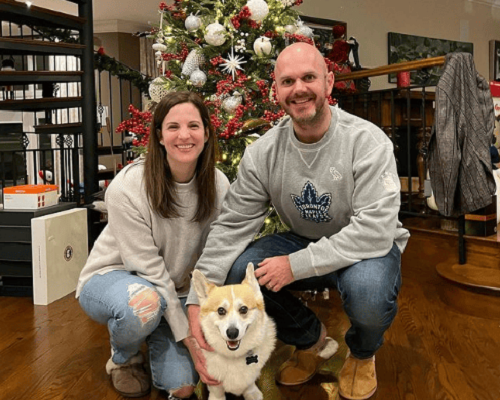 Lisa Weagle with her husband and Corgi dog